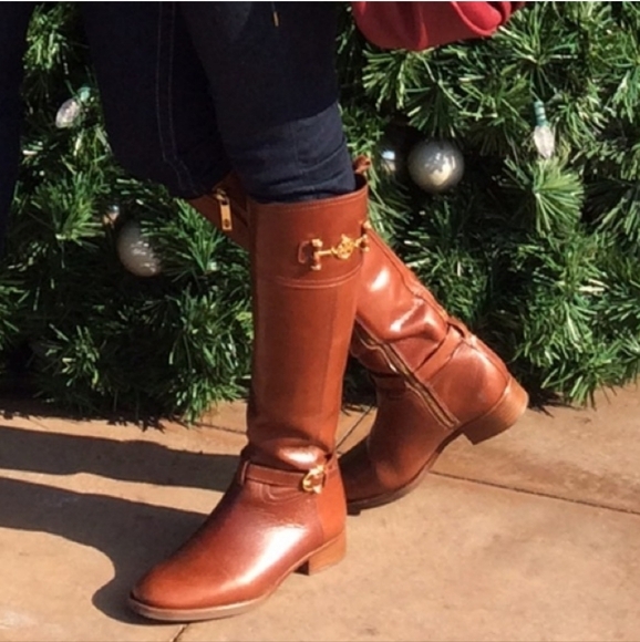 TORY BURCH Nadine Brown Leather Riding Boots Gold Hardware